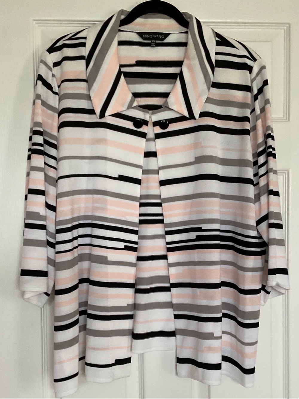 Ming Wang Striped Open-Front Tunic in Pink, Black & Gray